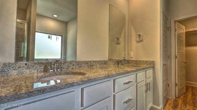 bathroom with vanity, wood-type flooring, and a shower with door