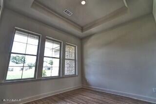 spare room with dark hardwood / wood-style flooring and a raised ceiling