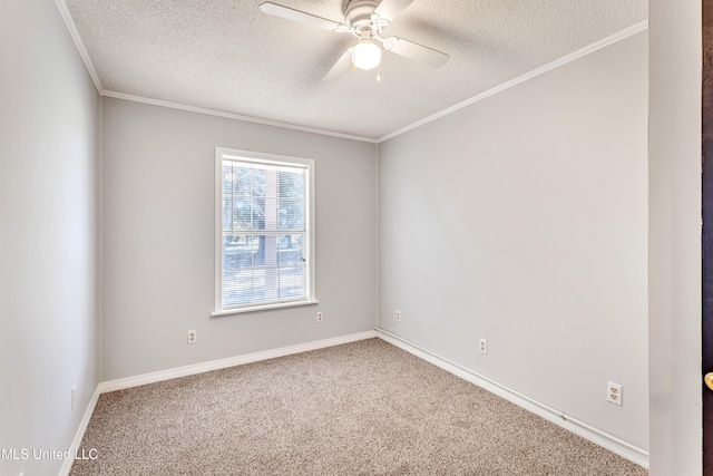 unfurnished room with carpet flooring, ceiling fan, a textured ceiling, and ornamental molding