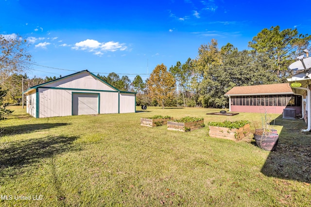 view of yard featuring a sunroom and an outbuilding