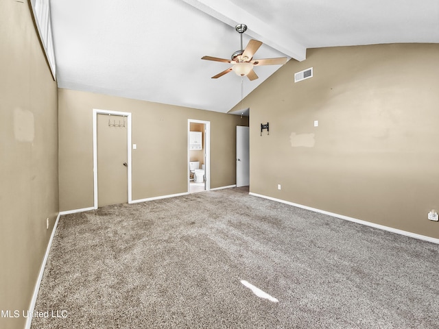 1334 Diller Rd, Ocean Springs, MS 39564 - carpeted empty room with ceiling fan, beam ceiling, baseboards, and high vaulted ceiling