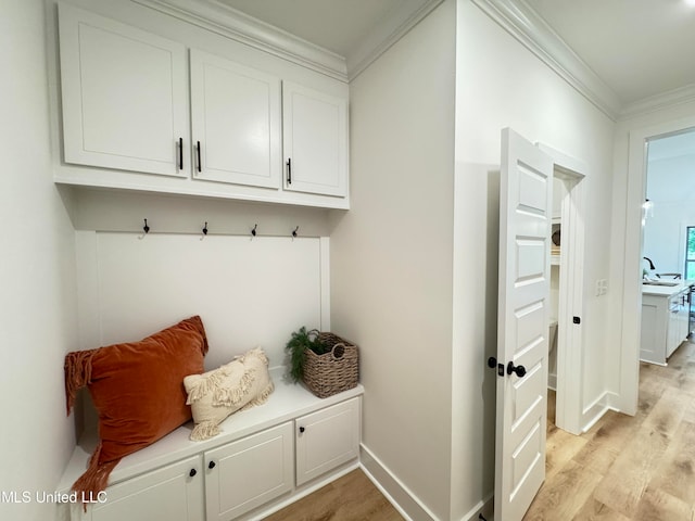 mudroom with light hardwood / wood-style floors and ornamental molding