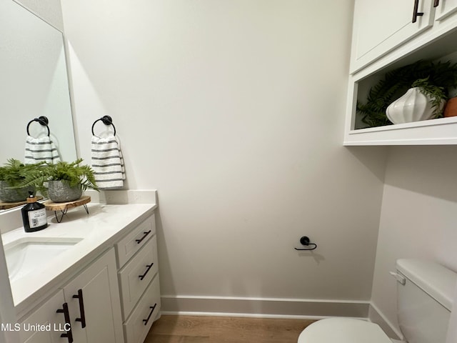 bathroom featuring vanity, wood-type flooring, and toilet