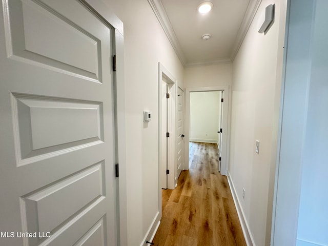 hall featuring crown molding and light hardwood / wood-style floors