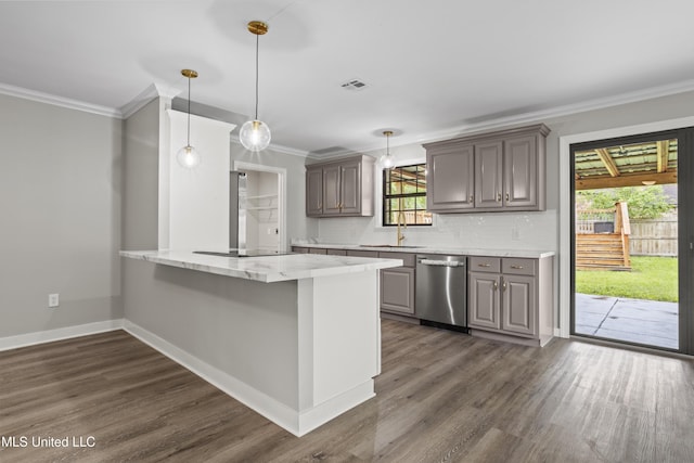 kitchen with stainless steel dishwasher, ornamental molding, dark wood-style floors, tasteful backsplash, and baseboards