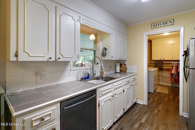 9414 Hillsboro Ludlow Rd, Lena, MS 39094 - kitchen featuring black dishwasher, a sink, tile countertops, white cabinetry, and dark wood-type flooring