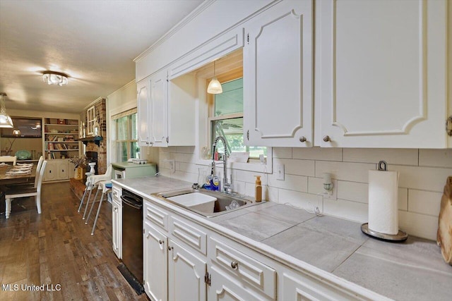 9414 Hillsboro Ludlow Rd, Lena, MS 39094 - kitchen featuring a sink, white cabinetry, black dishwasher, backsplash, and dark wood-style floors