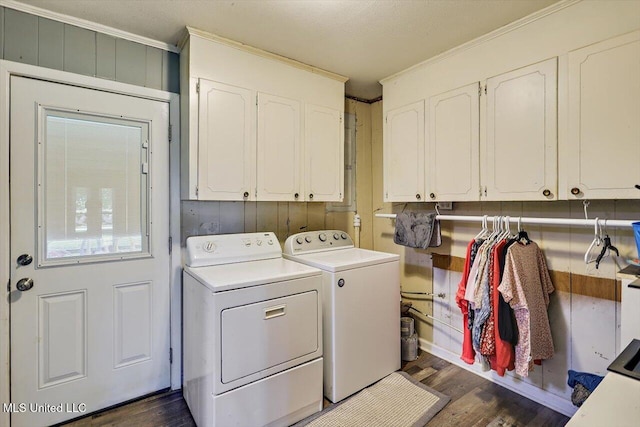 9414 Hillsboro Ludlow Rd, Lena, MS 39094 - laundry room featuring cabinet space, separate washer and dryer, ornamental molding, and dark wood finished floors