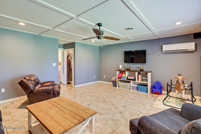 9414 Hillsboro Ludlow Rd, Lena, MS 39094 - living room featuring a wall mounted air conditioner, ceiling fan, baseboards, recessed lighting, and attic access