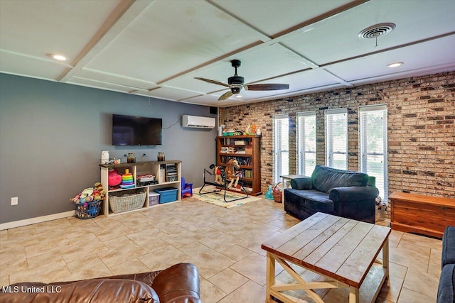 9414 Hillsboro Ludlow Rd, Lena, MS 39094 - living area with a wall mounted AC, a ceiling fan, brick wall, baseboards, and coffered ceiling