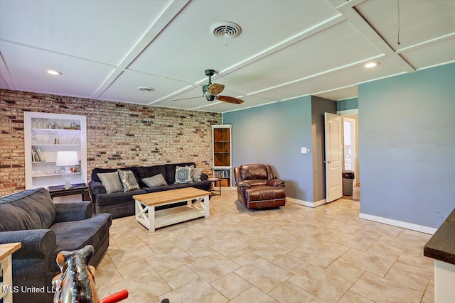 9414 Hillsboro Ludlow Rd, Lena, MS 39094 - living area with ceiling fan, baseboards, brick wall, recessed lighting, and built in features