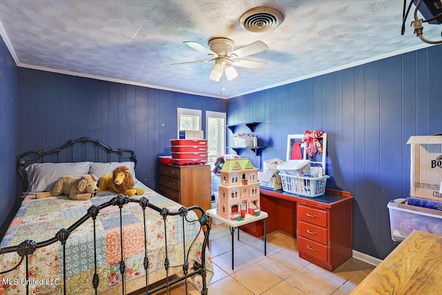 9414 Hillsboro Ludlow Rd, Lena, MS 39094 - bedroom with tile patterned floors, crown molding, a textured ceiling, ceiling fan, and wood walls