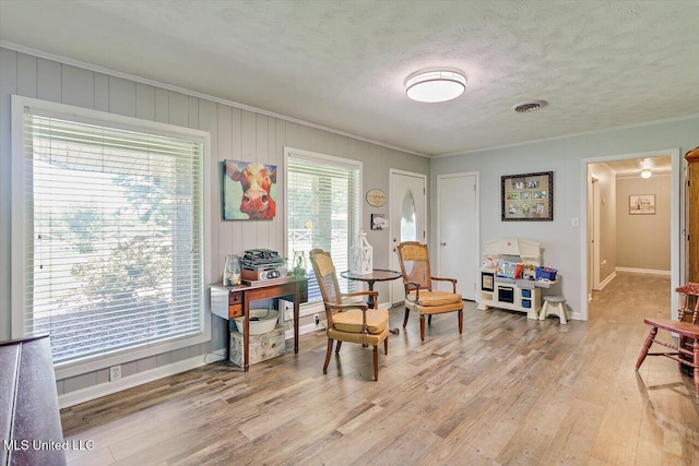 9414 Hillsboro Ludlow Rd, Lena, MS 39094 - office area with light wood-type flooring, ornamental molding, a textured ceiling, and baseboards