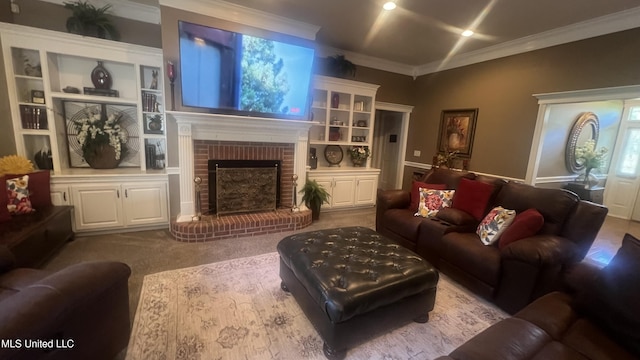 living room with crown molding, built in shelves, and a fireplace