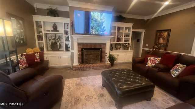 living area featuring crown molding, a brick fireplace, and built in shelves