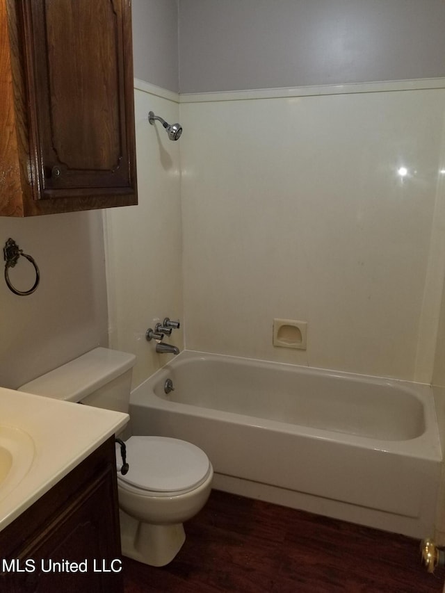 full bathroom with vanity, toilet, shower / bathing tub combination, and wood-type flooring