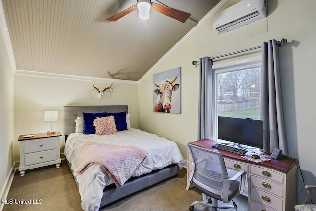 bedroom with ornamental molding, lofted ceiling, dark carpet, and a wall mounted AC