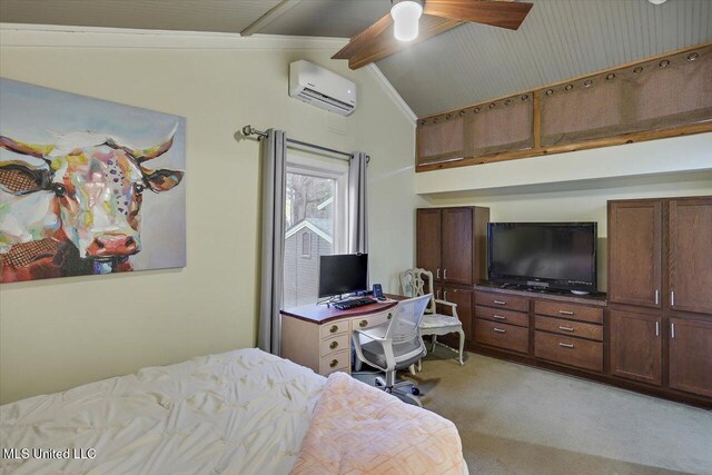 bedroom with light carpet, a wall unit AC, a ceiling fan, and vaulted ceiling with beams