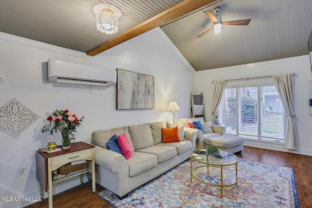 living area with dark wood-type flooring, a ceiling fan, vaulted ceiling with beams, and a wall mounted AC