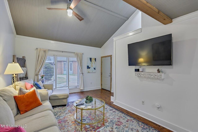 living room with a ceiling fan, vaulted ceiling with beams, baseboards, and wood finished floors