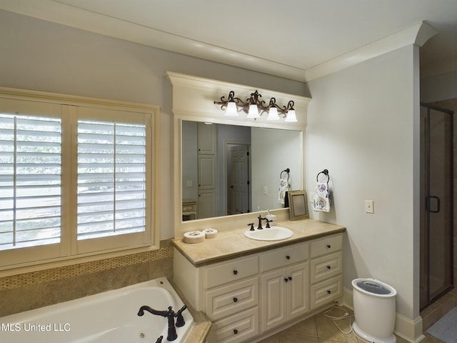 bathroom featuring tile patterned floors, vanity, shower with separate bathtub, and ornamental molding