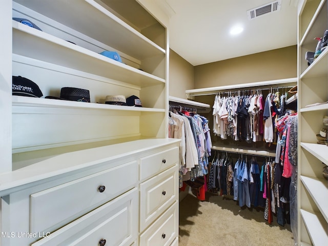 spacious closet featuring light colored carpet