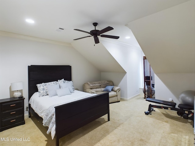 bedroom featuring light carpet, lofted ceiling, ceiling fan, and ornamental molding