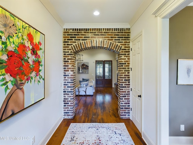 hallway featuring french doors and dark hardwood / wood-style floors