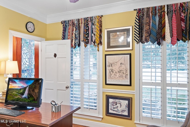 office with plenty of natural light and crown molding