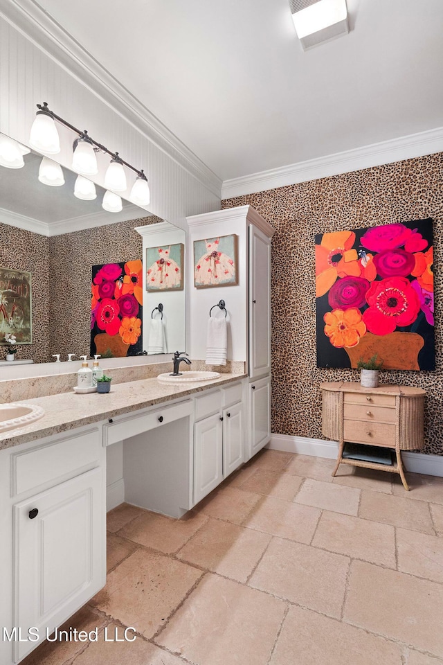 bathroom featuring vanity and ornamental molding