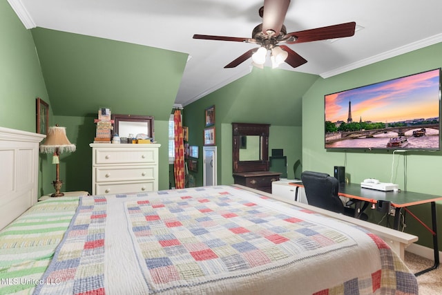 carpeted bedroom featuring ceiling fan, ornamental molding, and vaulted ceiling