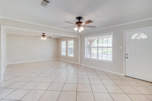 1302 Parktown Dr, Ocean Springs, MS 39564 - entryway featuring ceiling fan, visible vents, ornamental molding, and baseboards