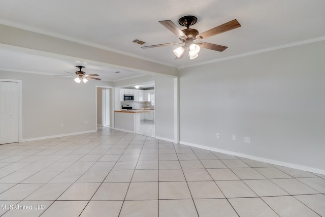 1302 Parktown Dr, Ocean Springs, MS 39564 - unfurnished living room featuring ceiling fan, visible vents, ornamental molding, and baseboards