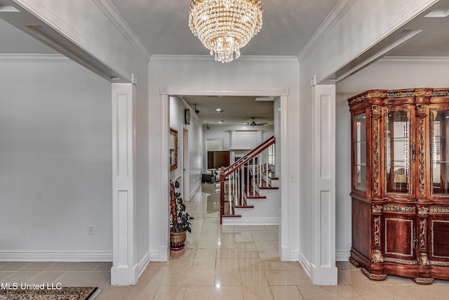 entrance foyer with baseboards, stairway, tile patterned flooring, and crown molding