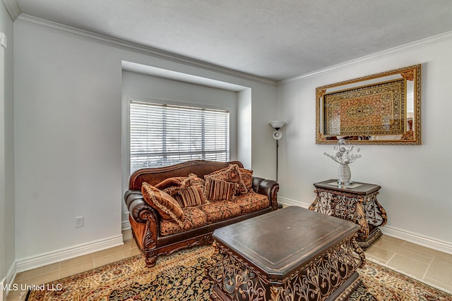 living room with baseboards, tile patterned flooring, and crown molding