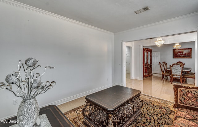 living area featuring baseboards, visible vents, ornamental molding, a notable chandelier, and light tile patterned flooring