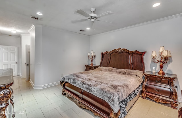 tiled bedroom with recessed lighting, baseboards, visible vents, and ornamental molding