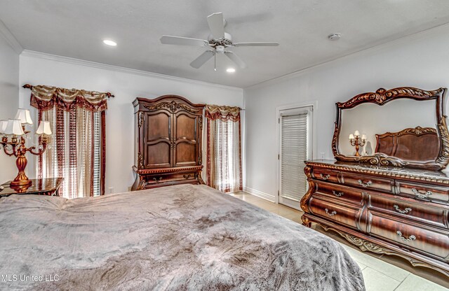 bedroom featuring light tile patterned floors, ceiling fan, recessed lighting, and crown molding