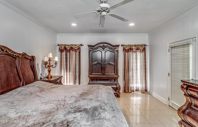 bedroom featuring crown molding, light tile patterned floors, recessed lighting, a ceiling fan, and baseboards