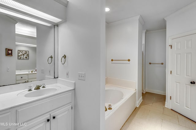 bathroom with ornamental molding, tile patterned flooring, vanity, and a bath