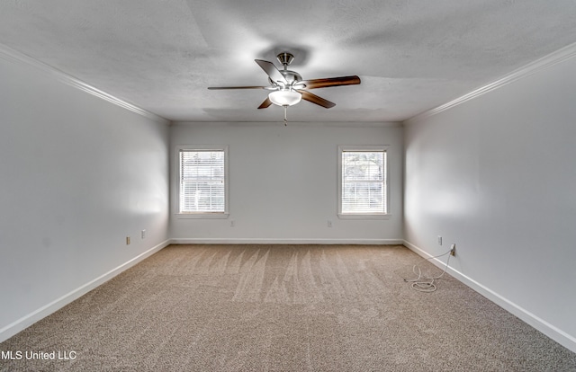 carpeted spare room with a textured ceiling, ornamental molding, and plenty of natural light