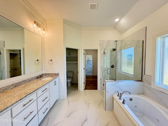 full bathroom featuring vanity, ornamental molding, toilet, and separate shower and tub