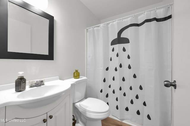 bathroom with walk in shower, vanity, toilet, and hardwood / wood-style floors