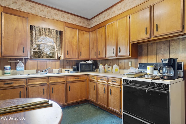 kitchen featuring crown molding, sink, and white gas range oven