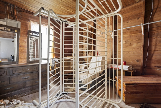 bathroom featuring wooden walls and wooden ceiling