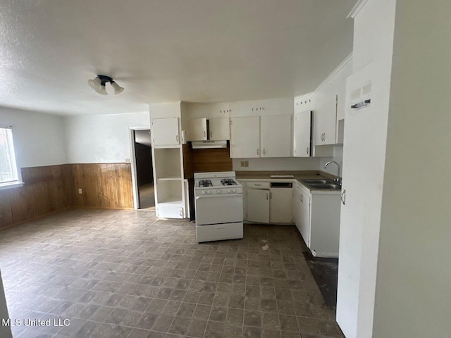 kitchen with white appliances, ventilation hood, sink, white cabinets, and wood walls