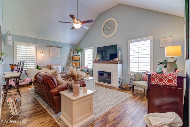 7505 Martin Ct, Ocean Springs, MS 39564 - living area with ceiling fan, a glass covered fireplace, high vaulted ceiling, healthy amount of natural light, and light wood-type flooring
