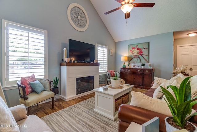 7505 Martin Ct, Ocean Springs, MS 39564 - living area with a ceiling fan, light wood-type flooring, high vaulted ceiling, a glass covered fireplace, and baseboards