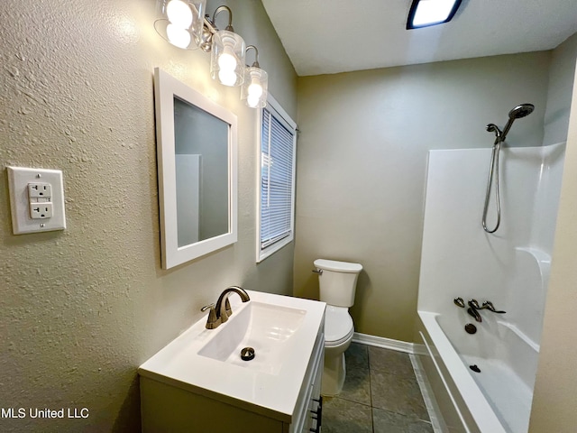 full bathroom featuring tile patterned flooring, vanity, toilet, and  shower combination