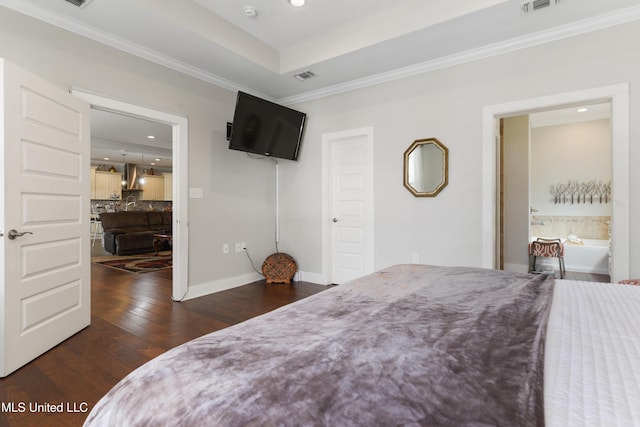 bedroom with recessed lighting, baseboards, dark wood-style floors, and ornamental molding